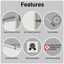 Load image into Gallery viewer, 3-Panel Single Rail Panel Track Blind Extendable 36"-66"W x 91.4"H, Panel width 23.5", Whirl White, Canary