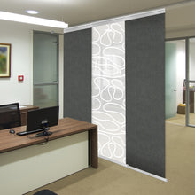 Load image into Gallery viewer, 3-Panel Single Rail Panel Track Blind Extendable 36"-66"W x 91.4"H, Panel width 23.5", Whirl White, Smoke