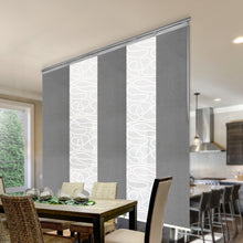 Load image into Gallery viewer, 5-Panel Single Rail Panel Track Blind Extendable 58"-110"W x 91.4"H, Panel width 23.5", Whirl White, Woven Gray