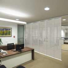 Load image into Gallery viewer, Pewter Filigree 5-Panel Single Rail Panel Track 58"-110"W, Panel width 23.5" - 50% LIGHT-FILTERING