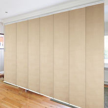 Load image into Gallery viewer, Flax Gold 7-Panel Single Rail Panel Track 110"-153"W, Panel width 23.5" - 100% BLACKOUT