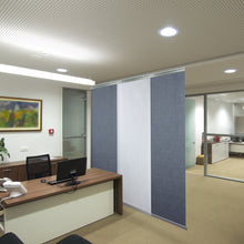 Load image into Gallery viewer, 3-Panel Single Rail Panel Track Blind Extendable 36"-66"W x 91.4"H, Panel width 23.5", Spruce, Embroidered Cadet