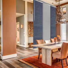 Load image into Gallery viewer, 3-Panel Single Rail Panel Track Blind Extendable 36"-66"W x 91.4"H, Panel width 23.5", Spruce, Embroidered Cadet