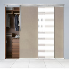 Load image into Gallery viewer, 3-Panel Single Rail Panel Track Blind Extendable 36"-66"W x 91.4"H, Panel width 23.5", Macadamia, Cornsilk