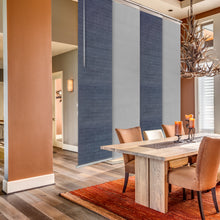 Load image into Gallery viewer, 4-Panel Single Rail Panel Track Blind Extendable 48"-88"W x 91.4"H, Panel width 23.5", Spruce, Embroidered Cadet