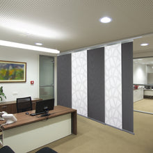 Load image into Gallery viewer, 5-Panel Single Rail Panel Track Blind Extendable 58"-110"W x 91.4"H, Panel width 23.5", Shattered, Woven Gray