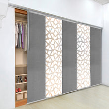 Load image into Gallery viewer, 5-Panel Single Rail Panel Track Blind Extendable 58"-110"W x 91.4"H, Panel width 23.5", Shattered, Woven Gray