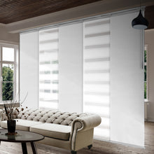 Load image into Gallery viewer, 5-Panel Single Rail Panel Track Blind Extendable 58"-110"W x 91.4"H, Panel width 23.5", Macadamia, Embroidered Chiffon