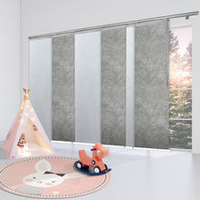 Load image into Gallery viewer, 6-Panel Single Rail Panel Track Blind Extendable 70"-130"W x 91.4"H, Panel width 23.5", Embroidered Cadet, Carolyn