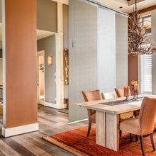 Load image into Gallery viewer, 3-Panel Single Rail Panel Track Blind Extendable 36"-66"W x 91.4"H, Panel width 23.5", Lotus, Iris