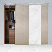 Load image into Gallery viewer, 3-Panel Single Rail Panel Track Blind Extendable 36"-66"W x 91.4"H, Panel width 23.5", Lotus, Iris