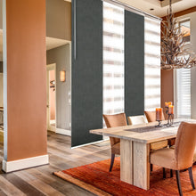 Load image into Gallery viewer, 4-Panel Single Rail Panel Track Blind Extendable 48"-88"W x 91.4"H, Panel width 23.5", Macadamia, Smoke
