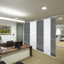 Load image into Gallery viewer, 5-Panel Single Rail Panel Track Blind Extendable 58"-110"W x 91.4"H, Panel width 23.5", Shattered, Dove