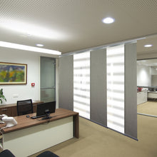 Load image into Gallery viewer, 5-Panel Single Rail Panel Track Blind Extendable 58"-110"W x 91.4"H, Panel width 23.5", Macadamia, Cornsilk