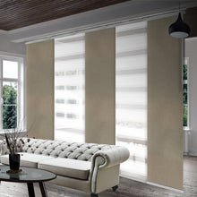 Load image into Gallery viewer, 5-Panel Single Rail Panel Track Blind Extendable 58"-110"W x 91.4"H, Panel width 23.5", Macadamia, Cornsilk
