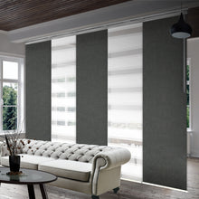 Load image into Gallery viewer, 5-Panel Single Rail Panel Track Blind Extendable 58"-110"W x 91.4"H, Panel width 23.5", Macadamia, Smoke