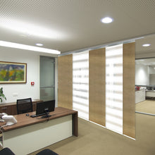 Load image into Gallery viewer, 5-Panel Single Rail Panel Track Blind Extendable 58"-110"W x 91.4"H, Panel width 23.5", Macadamia, Canary