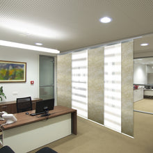 Load image into Gallery viewer, 5-Panel Single Rail Panel Track Blind Extendable 58"-110"W x 91.4"H, Panel width 23.5", Macadamia, Amaryllis