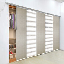 Load image into Gallery viewer, 5-Panel Single Rail Panel Track Blind Extendable 58"-110"W x 91.4"H, Panel width 23.5", Macadamia, Iris