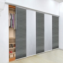 Load image into Gallery viewer, 5-Panel Single Rail Panel Track Blind Extendable 58"-110"W x 91.4"H, Panel width 23.5", Embroidered Cadet, Dove