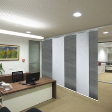 Load image into Gallery viewer, 5-Panel Single Rail Panel Track Blind Extendable 58"-110"W x 91.4"H, Panel width 23.5", Embroidered Cadet, Dove