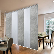 Load image into Gallery viewer, 5-Panel Single Rail Panel Track Blind Extendable 58"-110"W x 91.4"H, Panel width 23.5", Embroidered Cadet, Carolyn