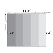 Load image into Gallery viewer, 5-Panel Single Rail Panel Track Blind Extendable 58&quot;-110&quot;W x 91.4&quot;H, Panel width 23.5&quot;, Whirl White, Smoke
