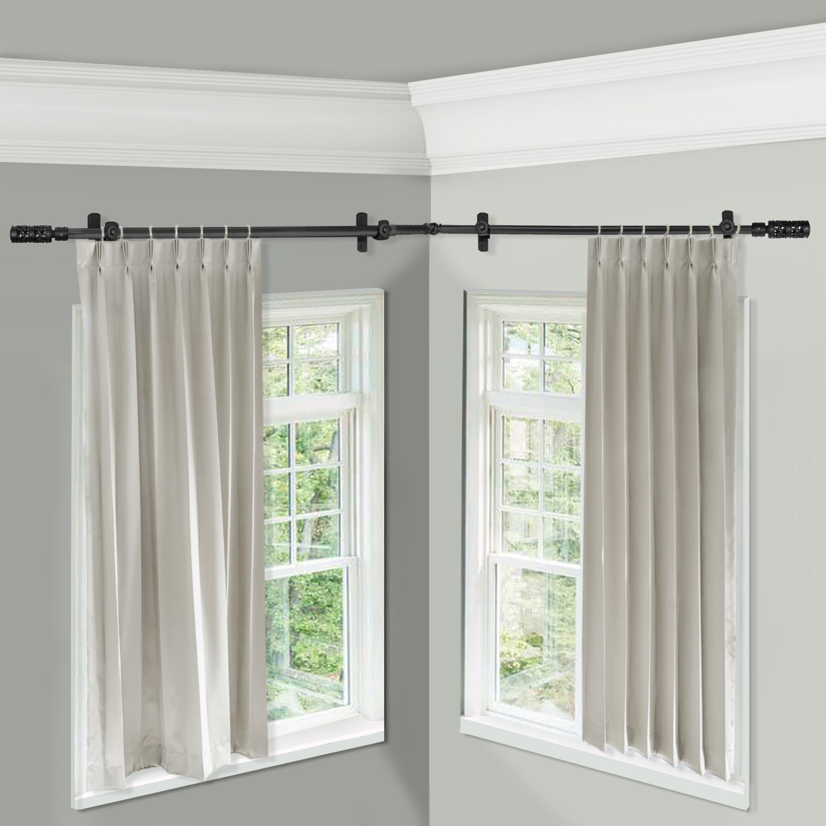 Darby Home Co Maxim Corner Window Single Curtain Rod \u0026 Hardware Set, Size: 66 inch- 120 inch W, Black, image size:1677x1677