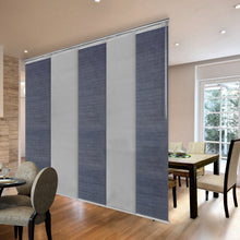 Load image into Gallery viewer, 5-Panel Single Rail Panel Track Blind Extendable 58&quot;-110&quot;W x 91.4&quot;H, Panel width 23.5&quot;, Spruce, Embroidered Cadet
