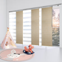 Load image into Gallery viewer, 6-Panel Single Rail Panel Track Blind Extendable 70&quot;-130&quot;W x 91.4&quot;H, Panel width 23.5&quot;, Macadamia, Marisol
