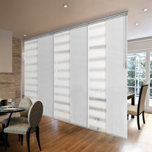 Load image into Gallery viewer, 6-Panel Single Rail Panel Track Blind Extendable 70&quot;-130&quot;W x 91.4&quot;H, Panel width 23.5&quot;, Macadamia, Embroidered Chiffon
