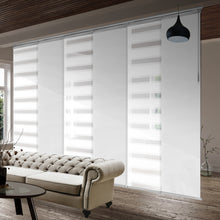 Load image into Gallery viewer, 6-Panel Single Rail Panel Track Blind Extendable 70&quot;-130&quot;W x 91.4&quot;H, Panel width 23.5&quot;, Macadamia, Embroidered Chiffon

