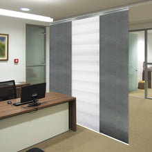 Load image into Gallery viewer, 3-Panel Single Rail Panel Track Blind Extendable 36&quot;-66&quot;W x 91.4&quot;H, Panel width 23.5&quot;, Macadamia, Dove
