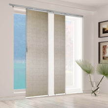 Load image into Gallery viewer, 4-Panel Single Rail Panel Track Blind Extendable 48&quot;-88&quot;W x 91.4&quot;H, Panel width 23.5&quot;, Winter, Iris
