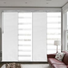 Load image into Gallery viewer, 4-Panel Single Rail Panel Track Blind Extendable 48&quot;-88&quot;W x 91.4&quot;H, Panel width 23.5&quot;, Macadamia, Embroidered Chiffon
