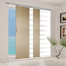 Load image into Gallery viewer, 4-Panel Single Rail Panel Track Blind Extendable 48&quot;-88&quot;W x 91.4&quot;H, Panel width 23.5&quot;, Macadamia, Marisol
