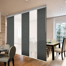 Load image into Gallery viewer, 5-Panel Single Rail Panel Track Blind Extendable 58&quot;-110&quot;W x 91.4&quot;H, Panel width 23.5&quot;, Winter, Smoke
