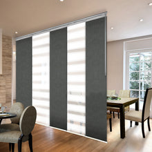 Load image into Gallery viewer, 5-Panel Single Rail Panel Track Blind Extendable 58&quot;-110&quot;W x 91.4&quot;H, Panel width 23.5&quot;, Macadamia, Dove
