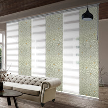 Load image into Gallery viewer, 6-Panel Single Rail Panel Track Blind Extendable 70&quot;-130&quot;W x 91.4&quot;H, Panel width 23.5&quot;, Macadamia, Camellia
